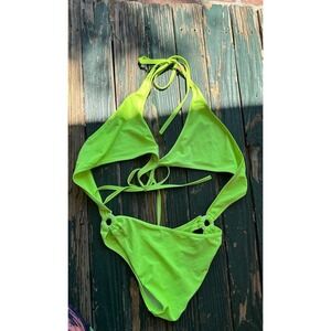 Tikiny Bikini Neon Lime Green Cutout Monokini Halter One Piece Swimsuit Size‎ 6